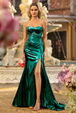 Metallic Dark Green Mermaid Sweetheart Maxi Formal Dress with Slit