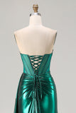 Metallic Dark Green Mermaid Strapless Pleated Corset Long Prom Dress with Slit