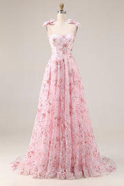 Sparkly Pink A-Line Floral Sequins Long Prom Dress with Bows