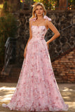 Sparkly Pink Floral A-Line Sequin Long Prom Dress with Bows