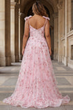 Sparkly Pink A-Line Floral Sequins Long Plus Size Prom Dress with Bows
