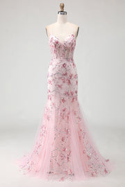 Sparkly Pink Floral Corset Mermaid Long Prom Dress with Sequins