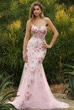 Pink Corset Floral Mermaid Lace Up Back Long Prom Dress with Sequins