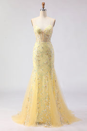 Yellow Mermaid Corset Floral Lace Up Back Long Prom Dress with Sequins