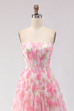 Pink Print Floral Strapless A Line Corset Long Prom Dress