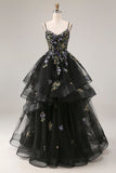 Princess Black Sequins Lace Up Back Long Prom Dress with Ruffles