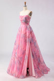 Pink A-Line Print Tulle Floral Corset Long Prom Dress with Slit