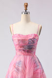Pink A-Line Print Tulle Floral Corset Long Prom Dress with Slit