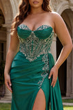 Mint Green Sweetheart Mermaid Beaded Long Plus Size Prom Dress with Slit