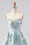 Strapless A Line Light Blue Corset Jacquard Long Prom Dress with Slit