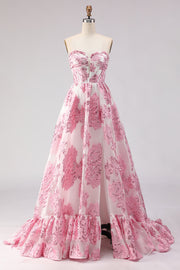 Strapless A Line Pink Jacquard Corset Long Prom Dress with Slit