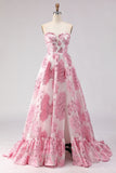 Strapless A Line Pink Jacquard Corset Long Prom Dress with Slit