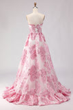 Strapless A Line Pink Jacquard Corset Long Prom Dress with Slit