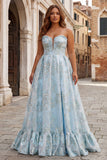 Pink Jacquard Strapless A Line Corset Long Plus Size Prom Dress with Slit