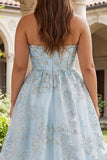 Pink Jacquard Strapless A Line Corset Long Plus Size Prom Dress with Slit