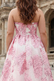 Pink Jacquard Strapless A Line Corset Long Plus Size Prom Dress with Slit