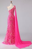 Fuchsia Mermaid Corset One Shoulder Cut Out Streamer Long Prom Dress with Slit