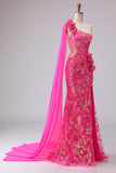 Fuchsia Mermaid Corset One Shoulder Cut Out Streamer Long Prom Dress with Slit
