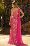 Fuchsia Mermaid Corset One Shoulder Cut Out Streamer Long Prom Dress with Slit