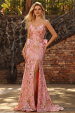 Sparkly Pink Mermaid Sequin Back Bow Long Formal Dress with Slit