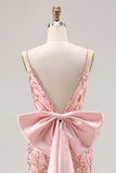 Sparkly Pink Mermaid Sequin Back Bow Long Prom Dress with Slit