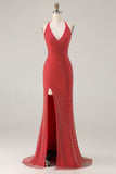 Sparkly Red Halter V Neck Mermaid Beaded Maxi Formal Dress with Slit