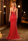 Sparkly Red Halter V Neck Mermaid Beaded Maxi Formal Dress with Slit
