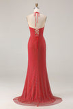 Sparkly Red Halter V Neck Mermaid Beaded Maxi Formal Dress with Slit