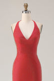 Red Halter Beaded Mermaid Long Prom Dress with Slit