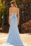 Strapless Mermaid Sky Blue Beaded Corset Long Prom Dress with Slit