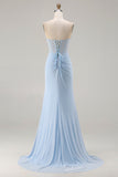 Strapless Mermaid Sky Blue Beaded Corset Long Prom Dress with Slit