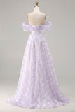 Off the Shoulder Lilac A Line Corset Print Floral Long Prom Dress with Slit
