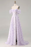 Off the Shoulder Lilac A Line Corset Print Floral Long Prom Dress with Slit