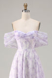 Off the Shoulder Lilac A Line Corset Print Floral Long Prom Dress with Slit