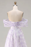 Off the Shoulder Lilac A Line Corset Print Floral Long Prom Dress with Slit