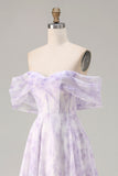 Off the Shoulder Lilac A Line Corset Print Floral Long Prom Dress with Slit