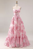 Pink A-Line Cut Out Brocade Jacquard Long Prom Dress with 3D Flower