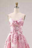 Pink A-Line Cut Out Brocade Jacquard Long Prom Dress with 3D Flower