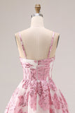 Pink A-Line Cut Out Brocade Jacquard Long Prom Dress with 3D Flower