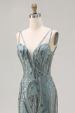 Sparkly Grey Green Mermaid Beaded Sequin Long Prom Dress