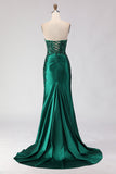 Dark Green Mermaid Sequin Strapless Ruched Long Prom Dress with Slit