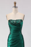 Dark Green Mermaid Sequin Strapless Ruched Long Prom Dress with Slit