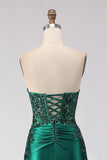 Dark Green Mermaid Sequin Strapless Ruched Long Prom Dress with Slit