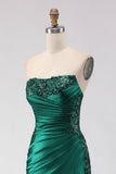 Dark Green Mermaid Sequin Strapless Ruched Long Prom Dress with Slit