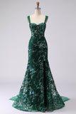 Dark Green Mermaid Sequin Lace Up Back Long Prom Dress with Slit