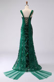 Dark Green Mermaid Sequin Lace Up Back Long Prom Dress with Slit