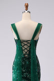Dark Green Mermaid Sequin Lace Up Back Long Prom Dress with Slit