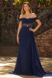 Navy Off The Shoulder A-Line Corset Long Prom Dress with Lace Up Back