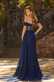 Navy Off The Shoulder A-Line Corset Long Prom Dress with Lace Up Back