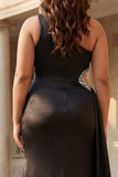 Black Mermaid One Shoulder Beaded Cut Out Long Plus Size Prom Dress with Slit